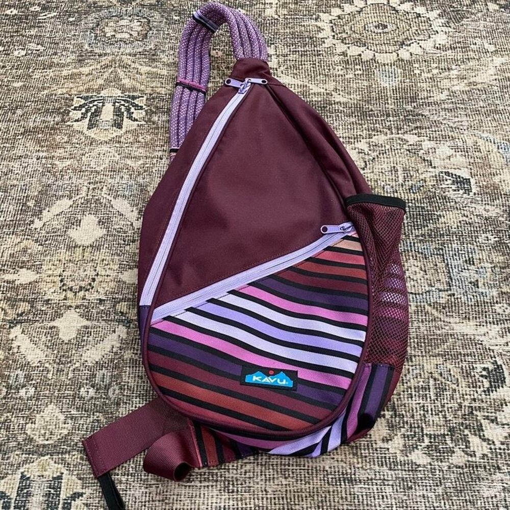 KAVU Rope Sling Bag Crossbody Backpack Purple Striped Rope Strap Teardrop